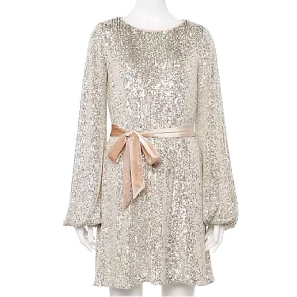 Champagne Sequin Dress with Balloon Sleeves and Velvet Sash Size XL - Picture 3 of 10